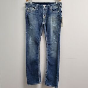True Religion Jeans Women's 31 Blue Straight Leg Distressed White Stitches Denim